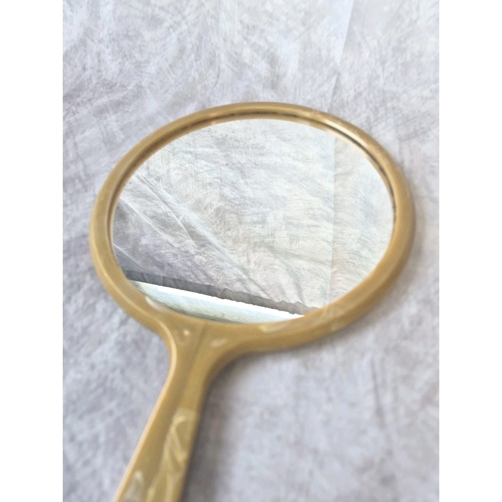 Vintage Large Hand Held Vanity Mirror with Floral Design 1950s Gold Tan - Picture 6 of 13